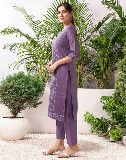 Dusty Lavender Cotton Printed Straight Kurta Set With Dupatta