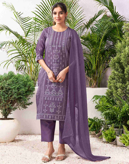 Dusty Lavender Cotton Printed Straight Kurta Set With Dupatta