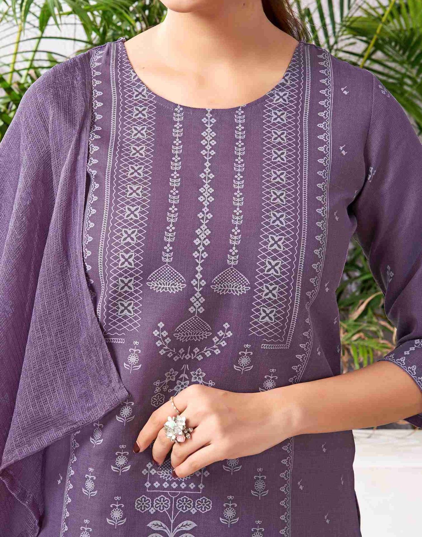 Dusty Lavender Cotton Printed Straight Kurta Set With Dupatta