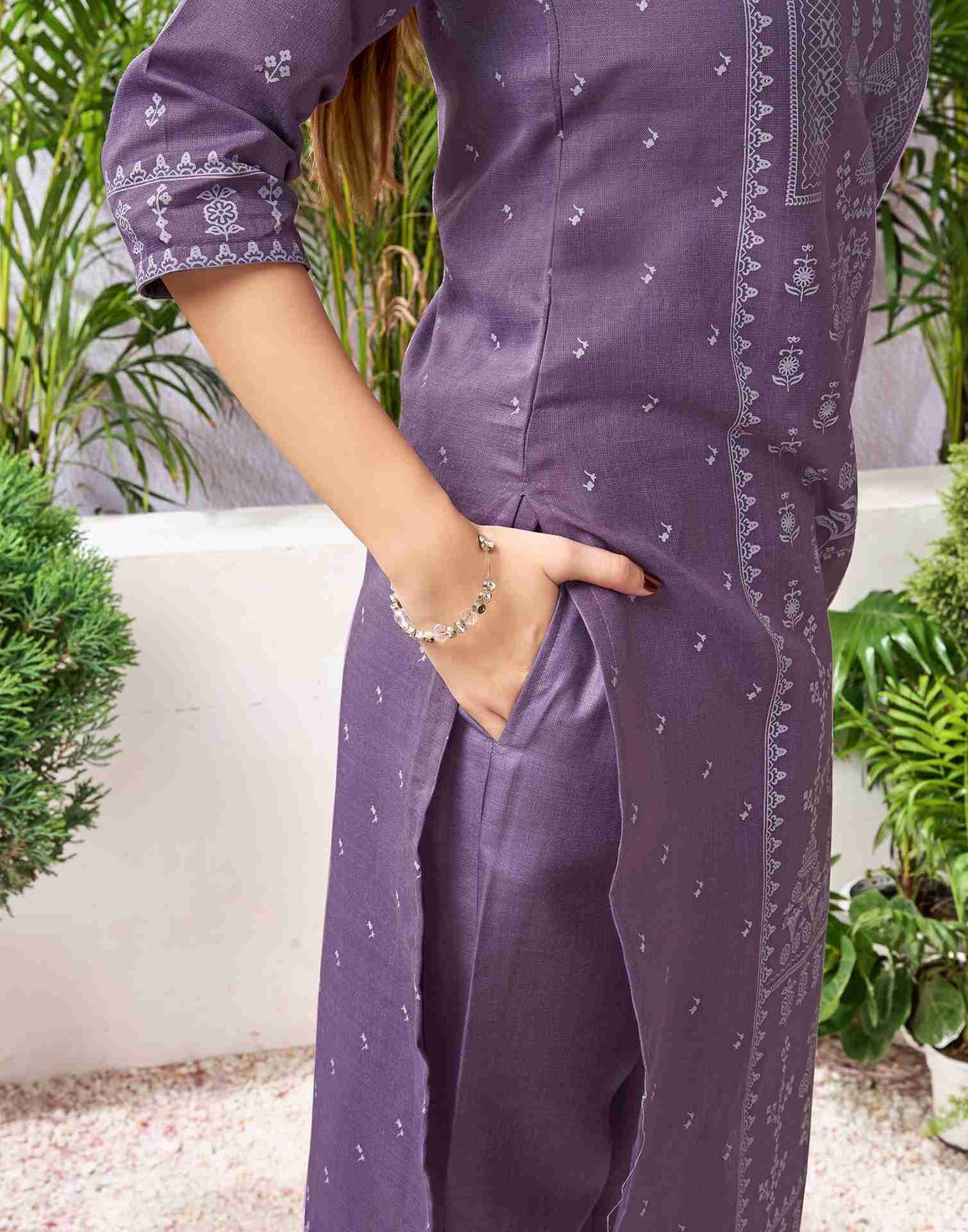 Dusty Lavender Cotton Printed Straight Kurta Set With Dupatta