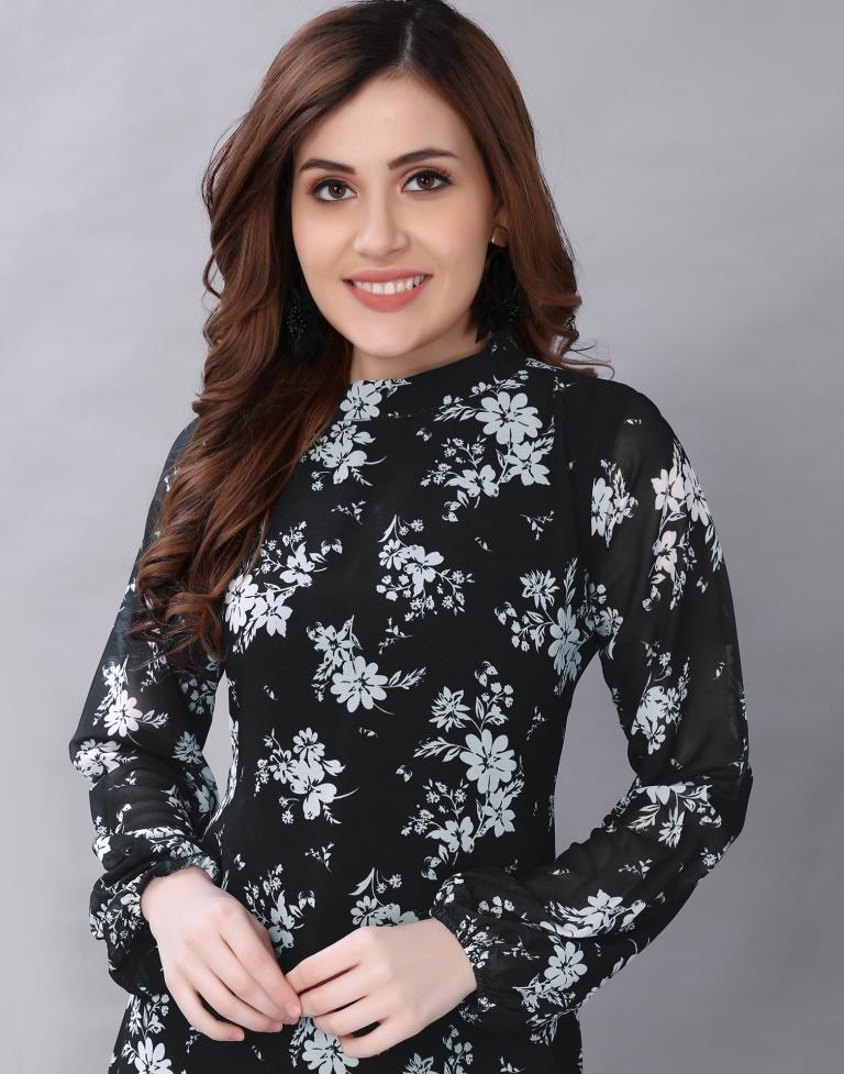 Black Coloured Digital Printed Polyester Tops | Sudathi