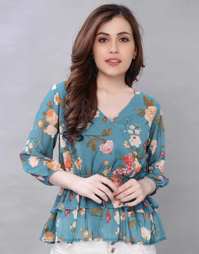 Blooming Teal Coloured Digital Printed Polyester Tops | Leemboodi