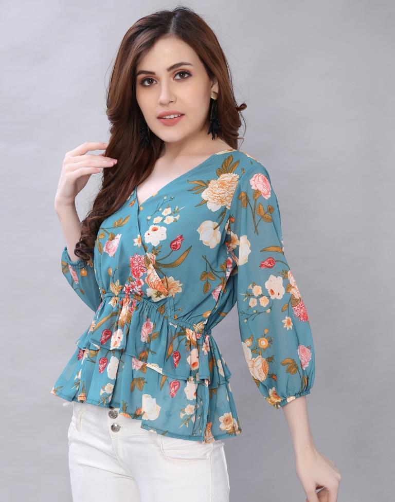Blooming Teal Coloured Digital Printed Polyester Tops | Leemboodi