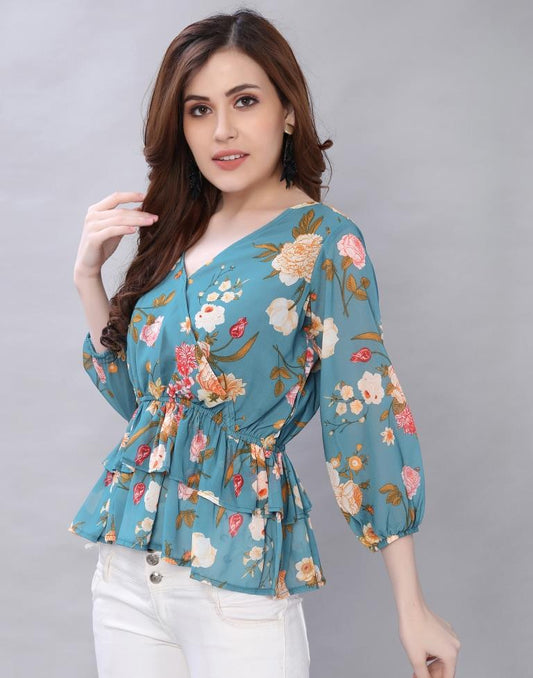 Blooming Teal Coloured Digital Printed Polyester Tops | Leemboodi