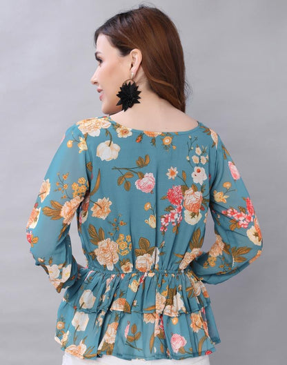 Blooming Teal Coloured Digital Printed Polyester Tops | Leemboodi