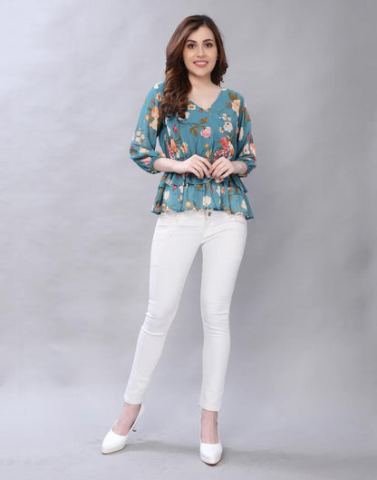 Blooming Teal Coloured Digital Printed Polyester Tops | Leemboodi