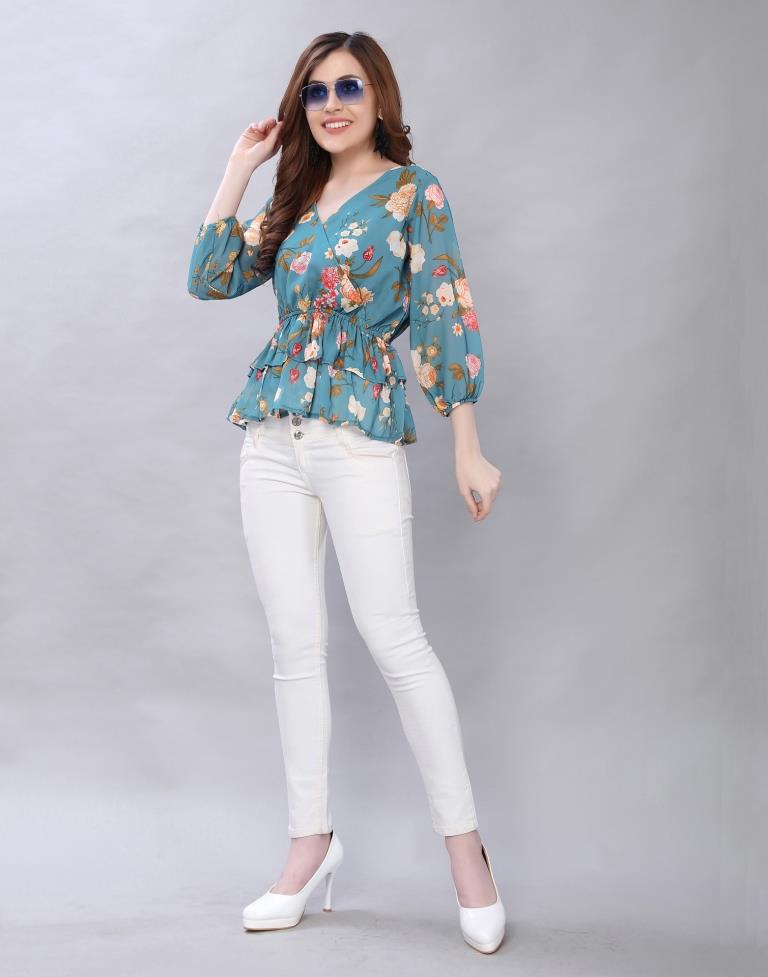 Blooming Teal Coloured Digital Printed Polyester Tops | Leemboodi