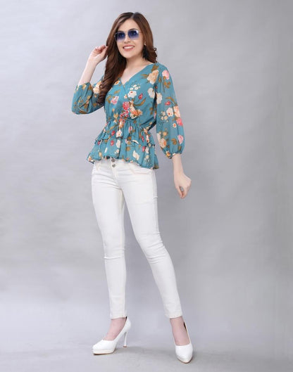 Blooming Teal Coloured Digital Printed Polyester Tops | Leemboodi