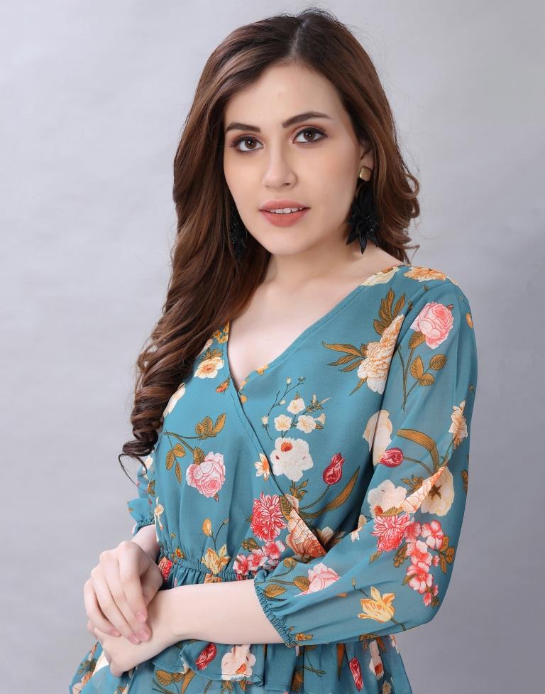 Blooming Teal Coloured Digital Printed Polyester Tops | Leemboodi