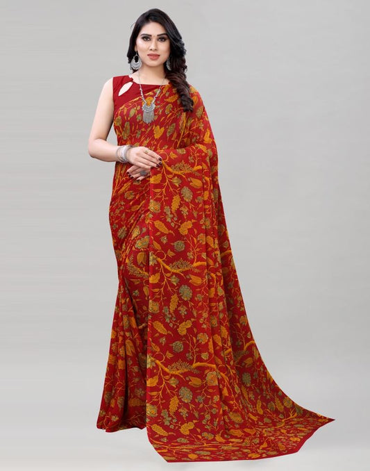 Maroon Coloured Chiffon Printed Saree | Sudathi