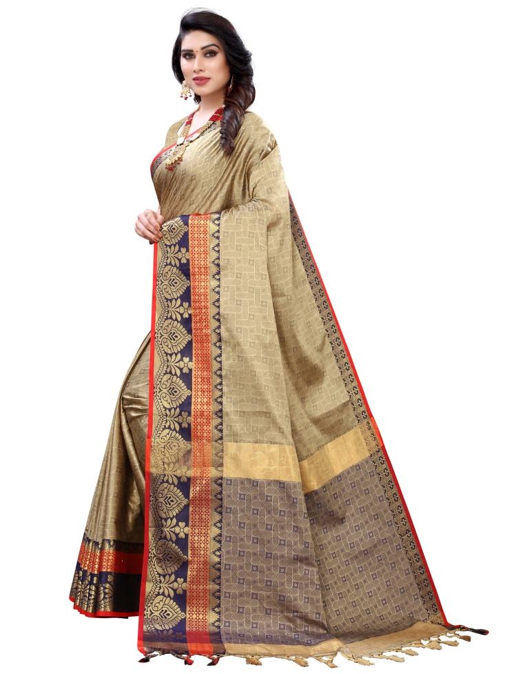 Beige Cotton Silk Geometric Saree | Sudathi