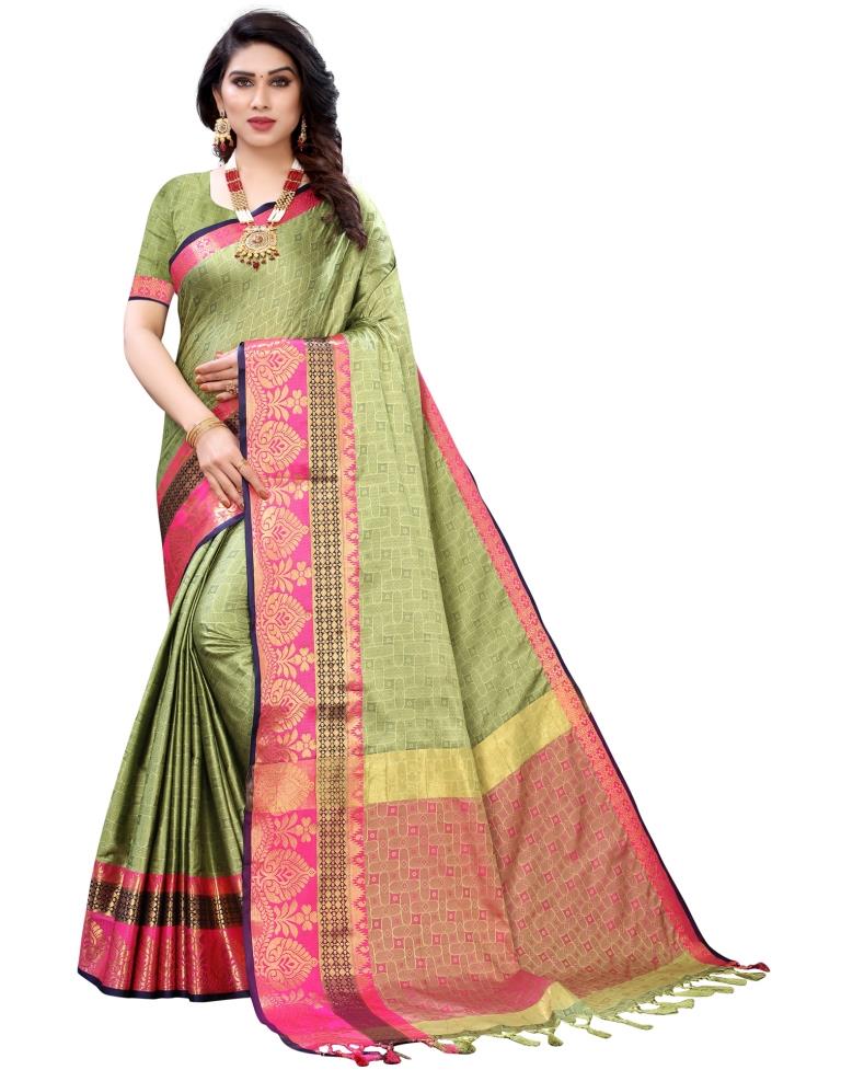 Pastel Green Cotton Silk Geometric Saree | Sudathi