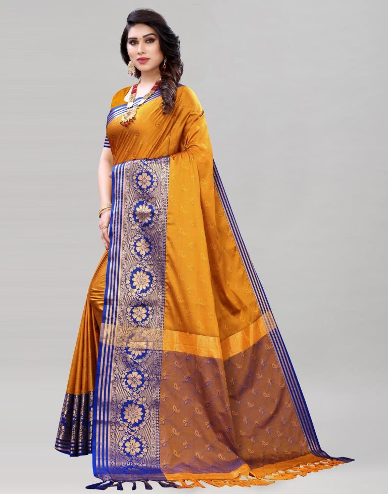 Mustard Yellow Cotton Silk Geometric Saree | Sudathi