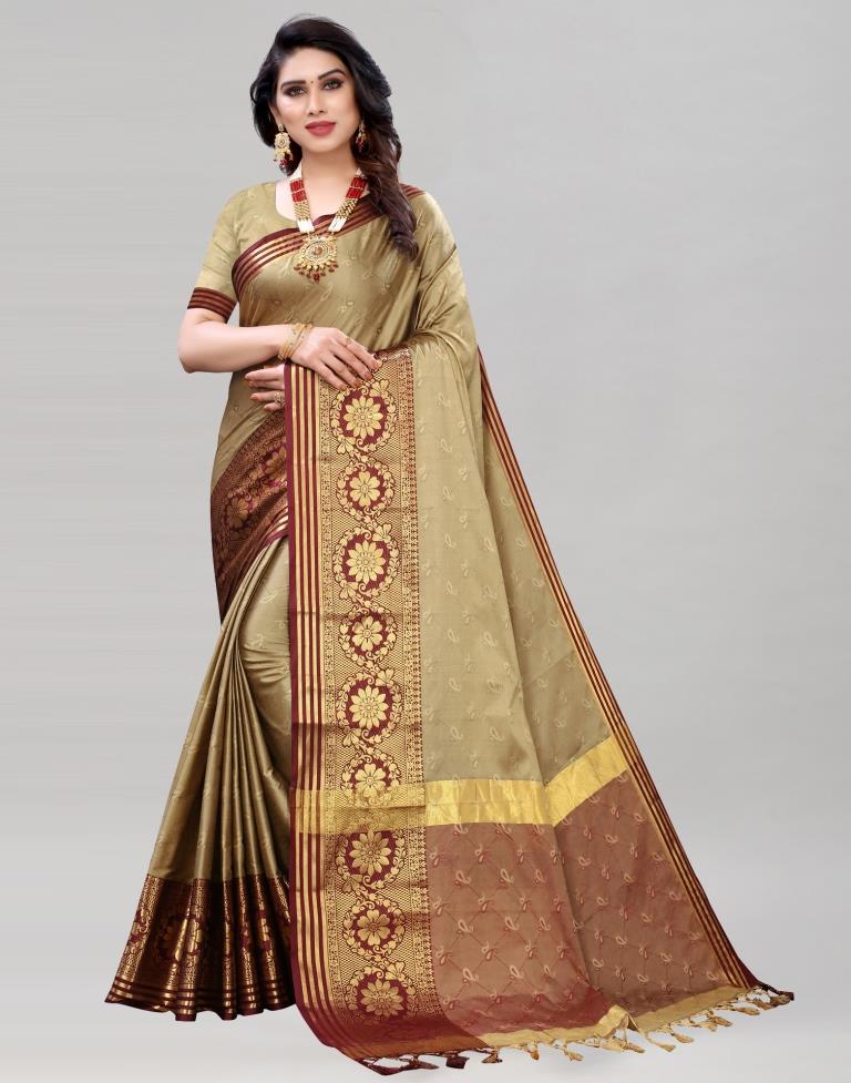 Beige Cotton Silk Geometric Saree | Sudathi