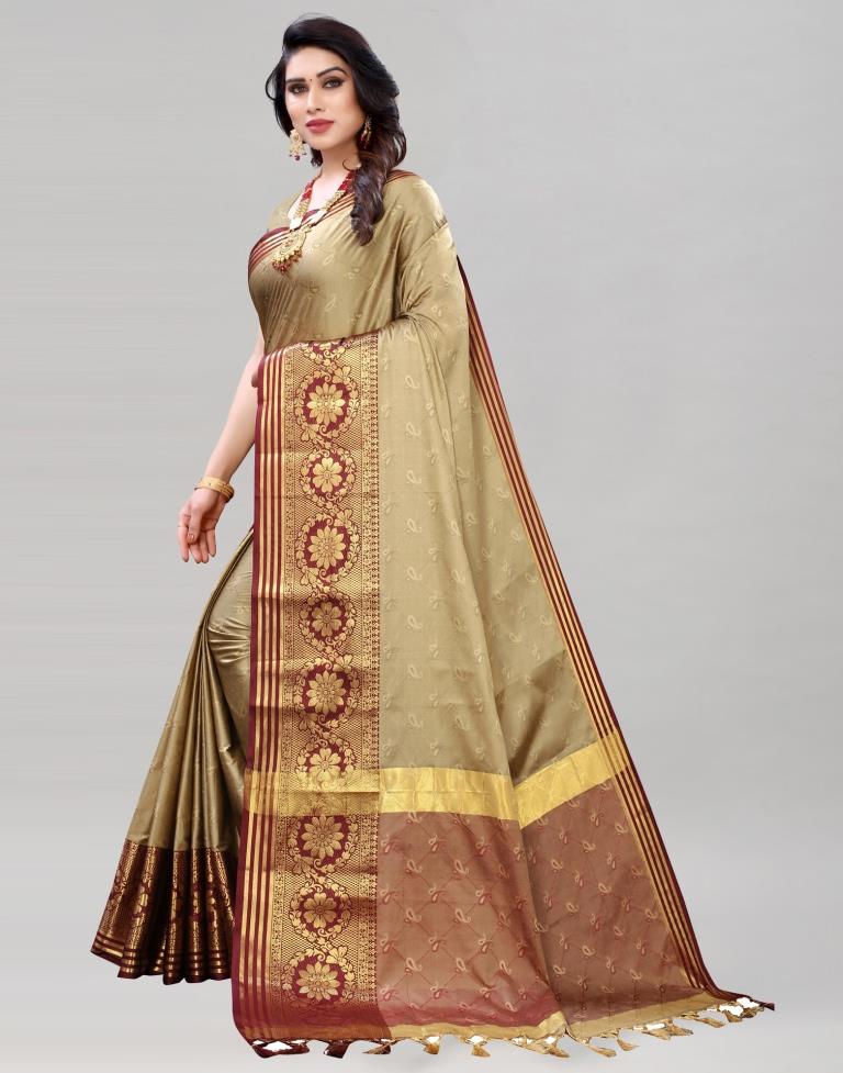 Beige Cotton Silk Geometric Saree | Sudathi