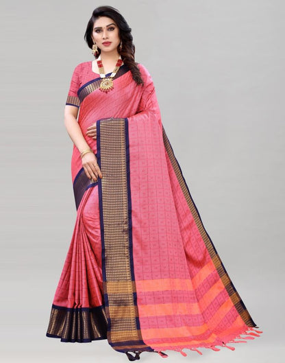 Light Pink And Navy Blue Cotton Silk Geometric Saree | Sudathi