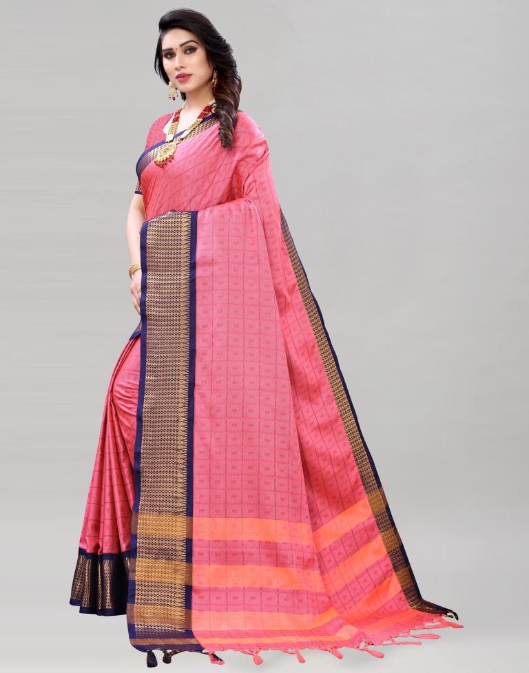 Light Pink And Navy Blue Cotton Silk Geometric Saree | Sudathi