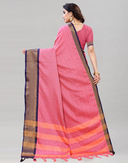 Light Pink And Navy Blue Cotton Silk Geometric Saree | Sudathi