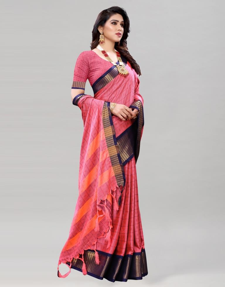 Light Pink And Navy Blue Cotton Silk Geometric Saree | Sudathi