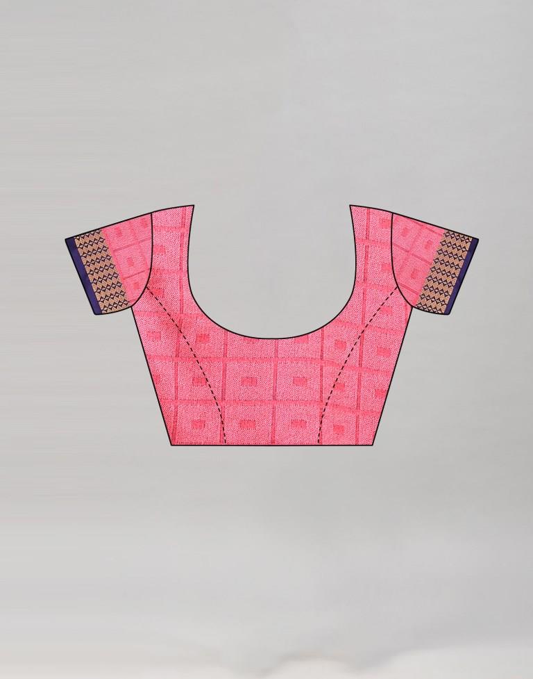 Light Pink And Navy Blue Cotton Silk Geometric Saree | Sudathi