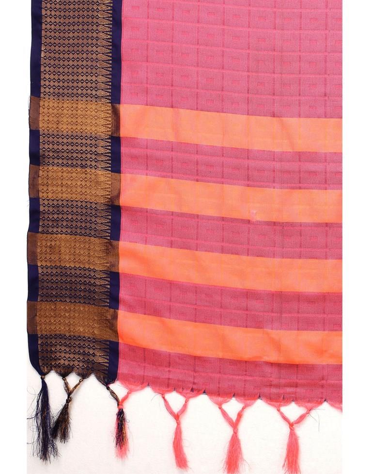 Light Pink And Navy Blue Cotton Silk Geometric Saree | Sudathi