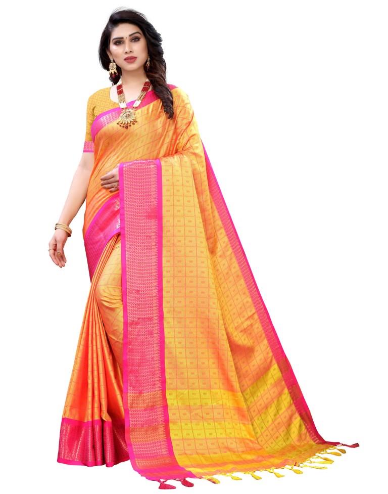 Yellow Cotton Silk Geometric Saree | Sudathi