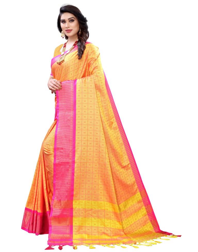 Yellow Cotton Silk Geometric Saree | Sudathi