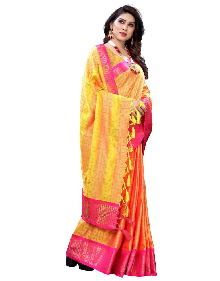 Yellow Cotton Silk Geometric Saree | Sudathi