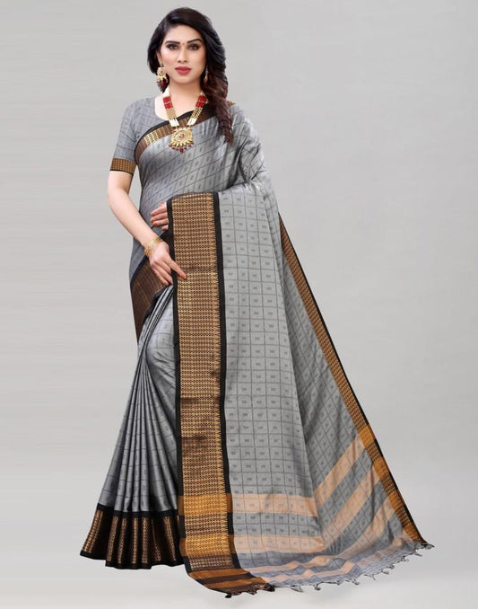 Grey Cotton Silk Geometric Saree | Sudathi
