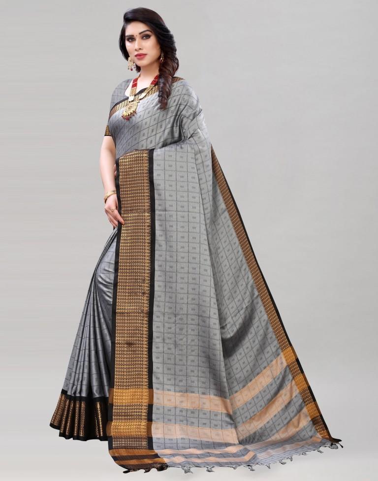 Grey Cotton Silk Geometric Saree | Sudathi