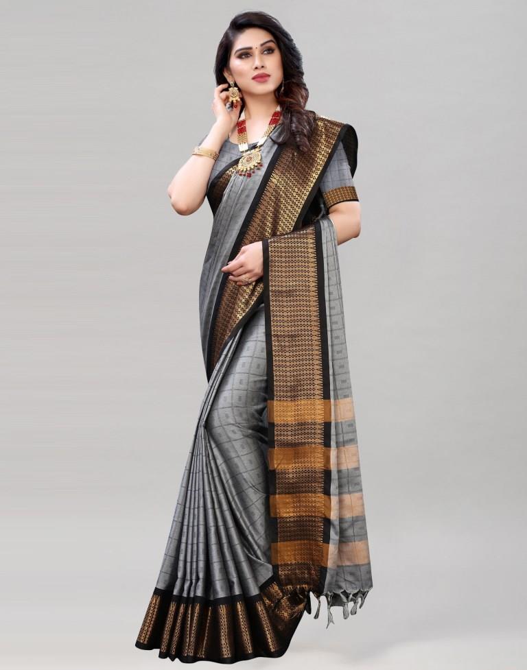 Grey Cotton Silk Geometric Saree | Sudathi