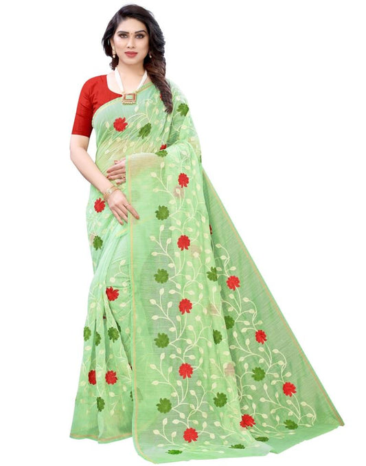 Light Peasta Green Coloured Poly Cotton Embroidared Partywear saree | Sudathi
