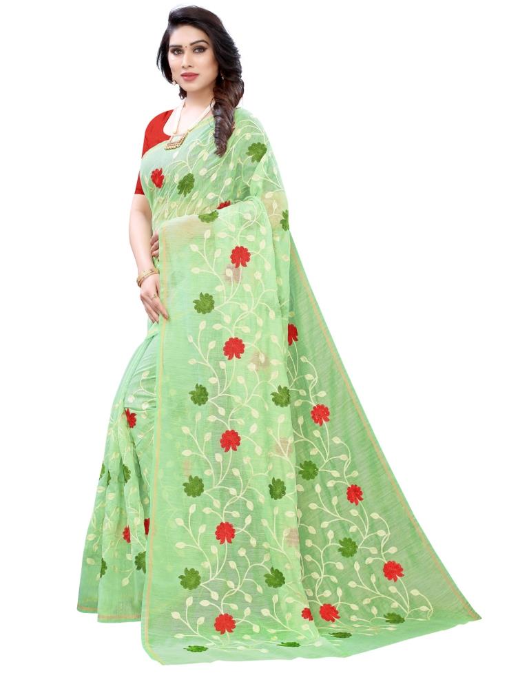 Light Peasta Green Coloured Poly Cotton Embroidared Partywear saree | Sudathi