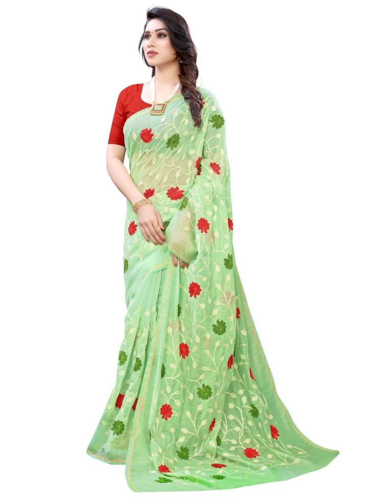 Light Peasta Green Coloured Poly Cotton Embroidared Partywear saree | Sudathi