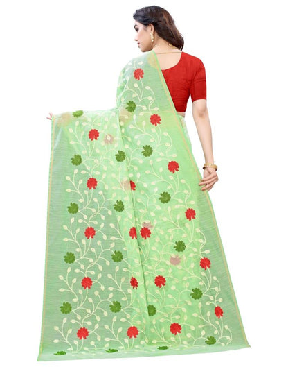 Light Peasta Green Coloured Poly Cotton Embroidared Partywear saree | Sudathi