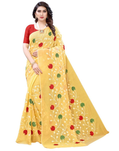 Light Yellow Coloured Poly Cotton Embroidared Partywear saree | Sudathi