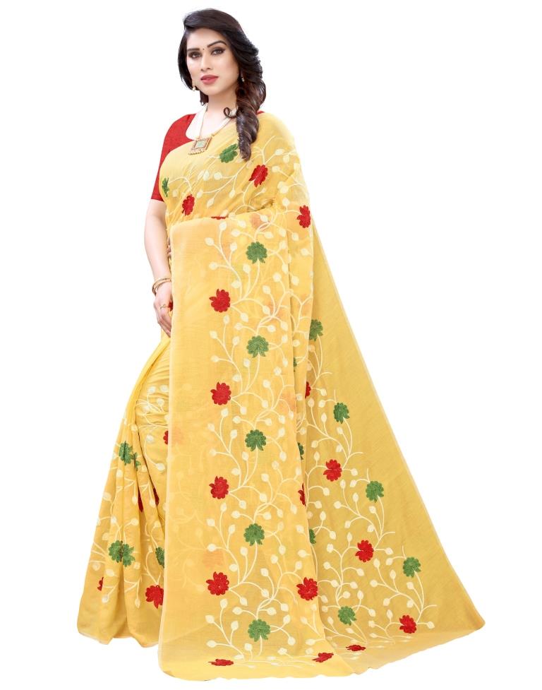 Light Yellow Coloured Poly Cotton Embroidared Partywear saree | Sudathi
