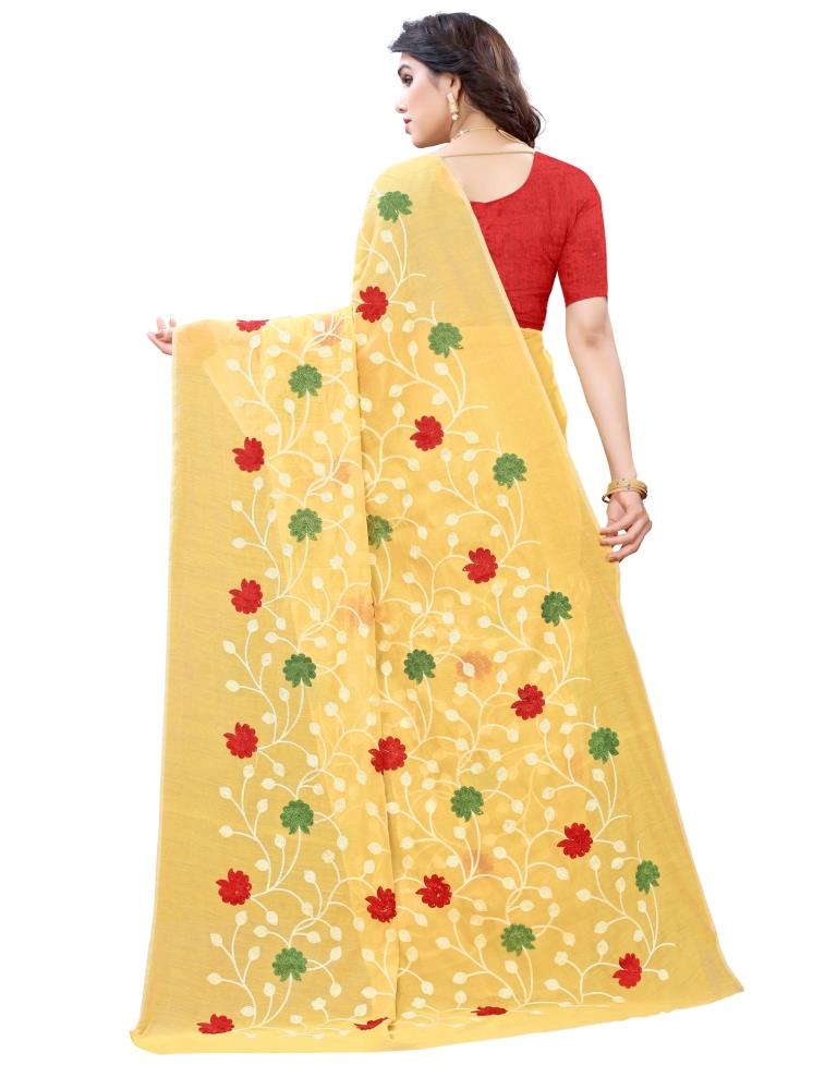 Light Yellow Coloured Poly Cotton Embroidared Partywear saree | Sudathi