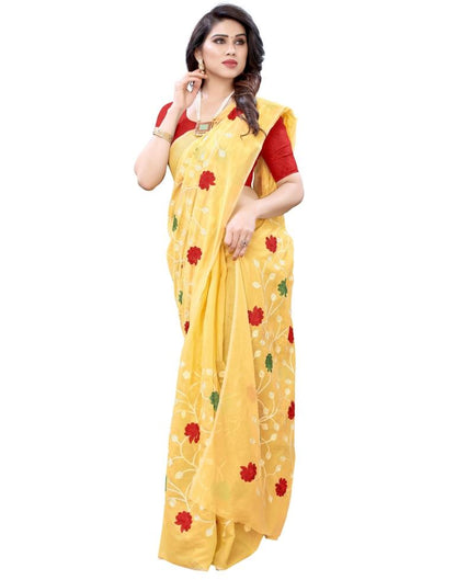 Light Yellow Coloured Poly Cotton Embroidared Partywear saree | Sudathi