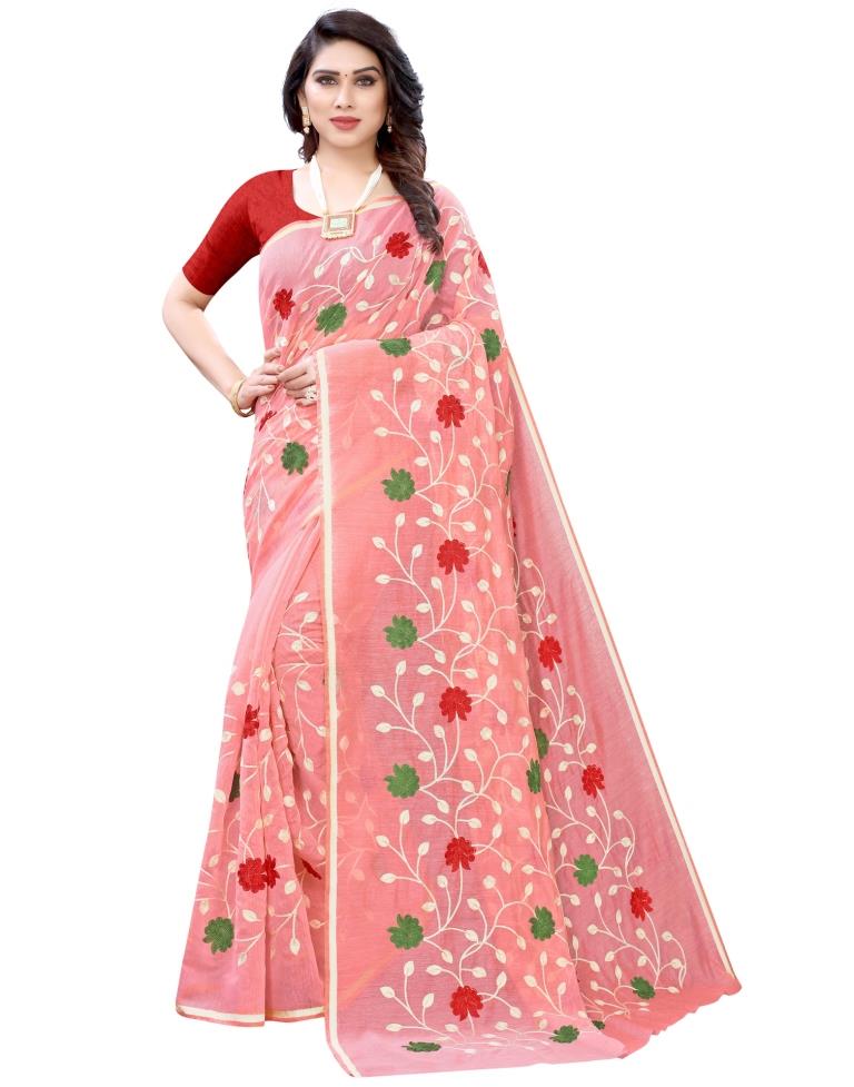 Peach Coloured Poly Cotton Embroidared Partywear saree | Sudathi