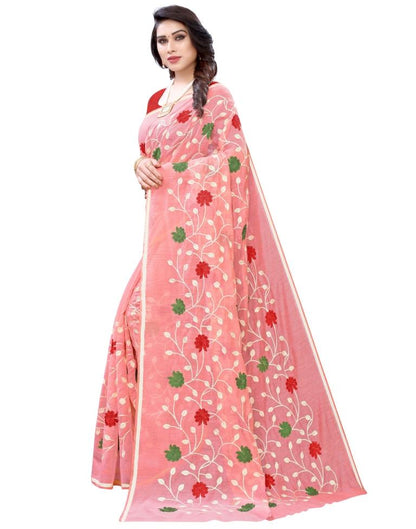 Peach Coloured Poly Cotton Embroidared Partywear saree | Sudathi