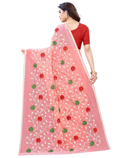 Peach Coloured Poly Cotton Embroidared Partywear saree | Sudathi