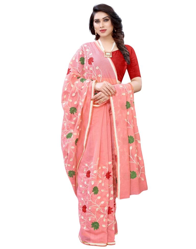 Peach Coloured Poly Cotton Embroidared Partywear saree | Sudathi