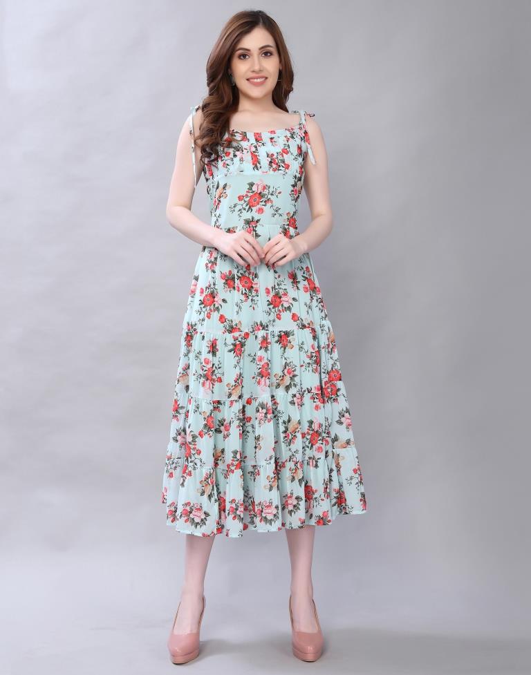 Pastel Blue Floral Printed Dress | Leemboodi