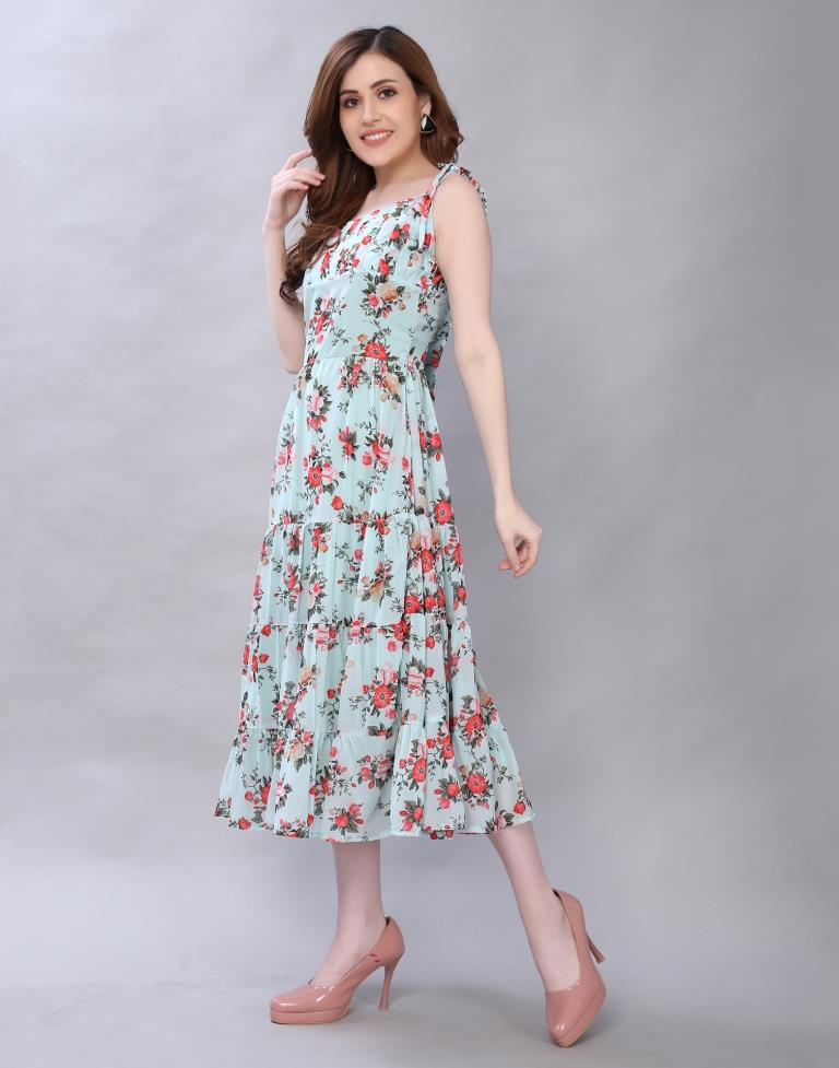 Pastel Blue Floral Printed Dress | Leemboodi