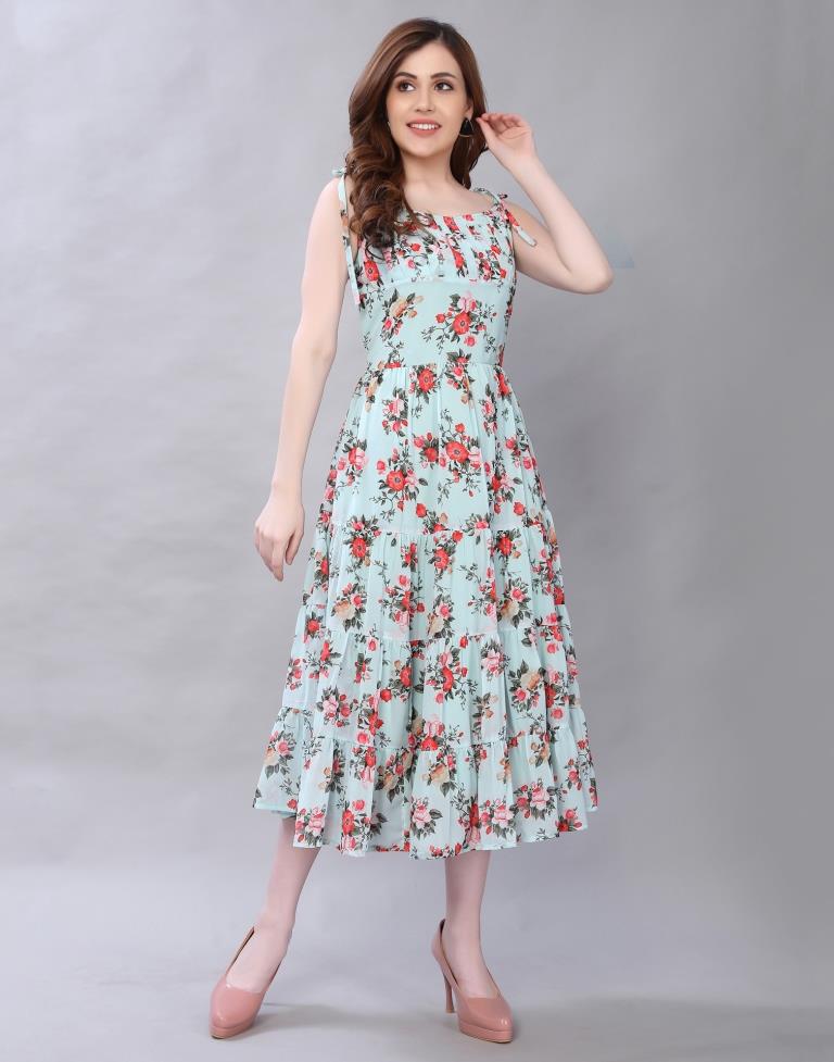 Pastel Blue Floral Printed Dress | Leemboodi