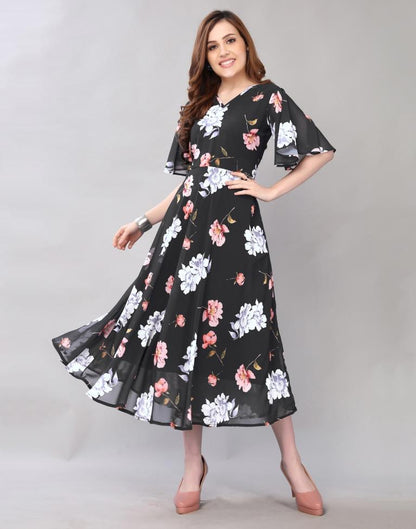 Enigmatic Black Coloured Digital Printed Polyester Dress | Sudathi