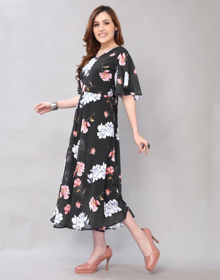 Enigmatic Black Coloured Digital Printed Polyester Dress | Sudathi
