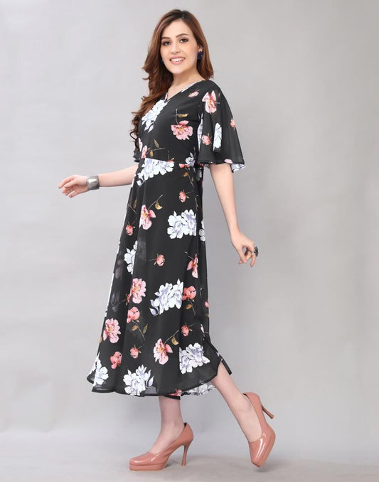 Enigmatic Black Coloured Digital Printed Polyester Dress | Sudathi