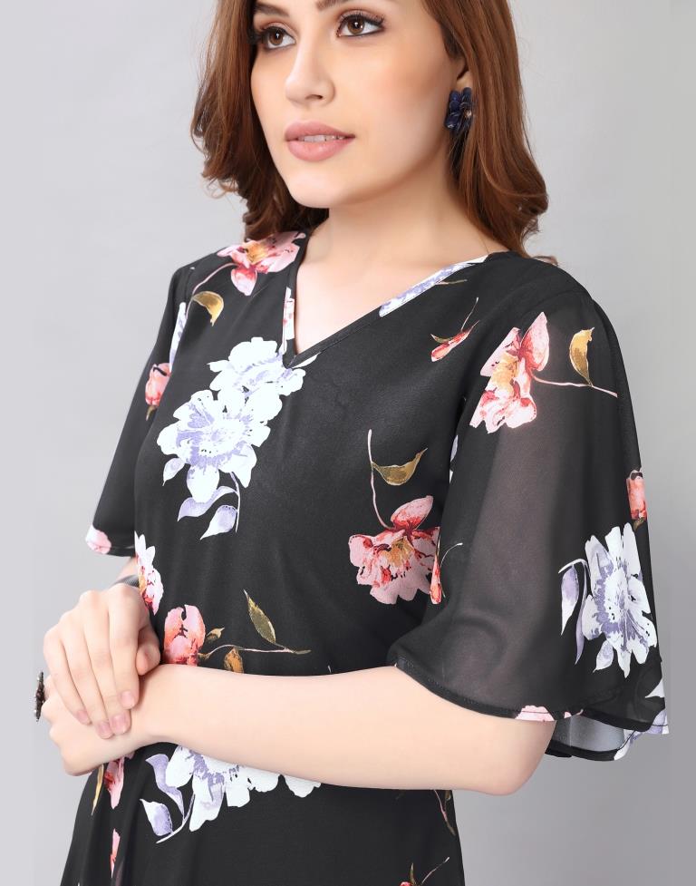 Enigmatic Black Coloured Digital Printed Polyester Dress | Sudathi